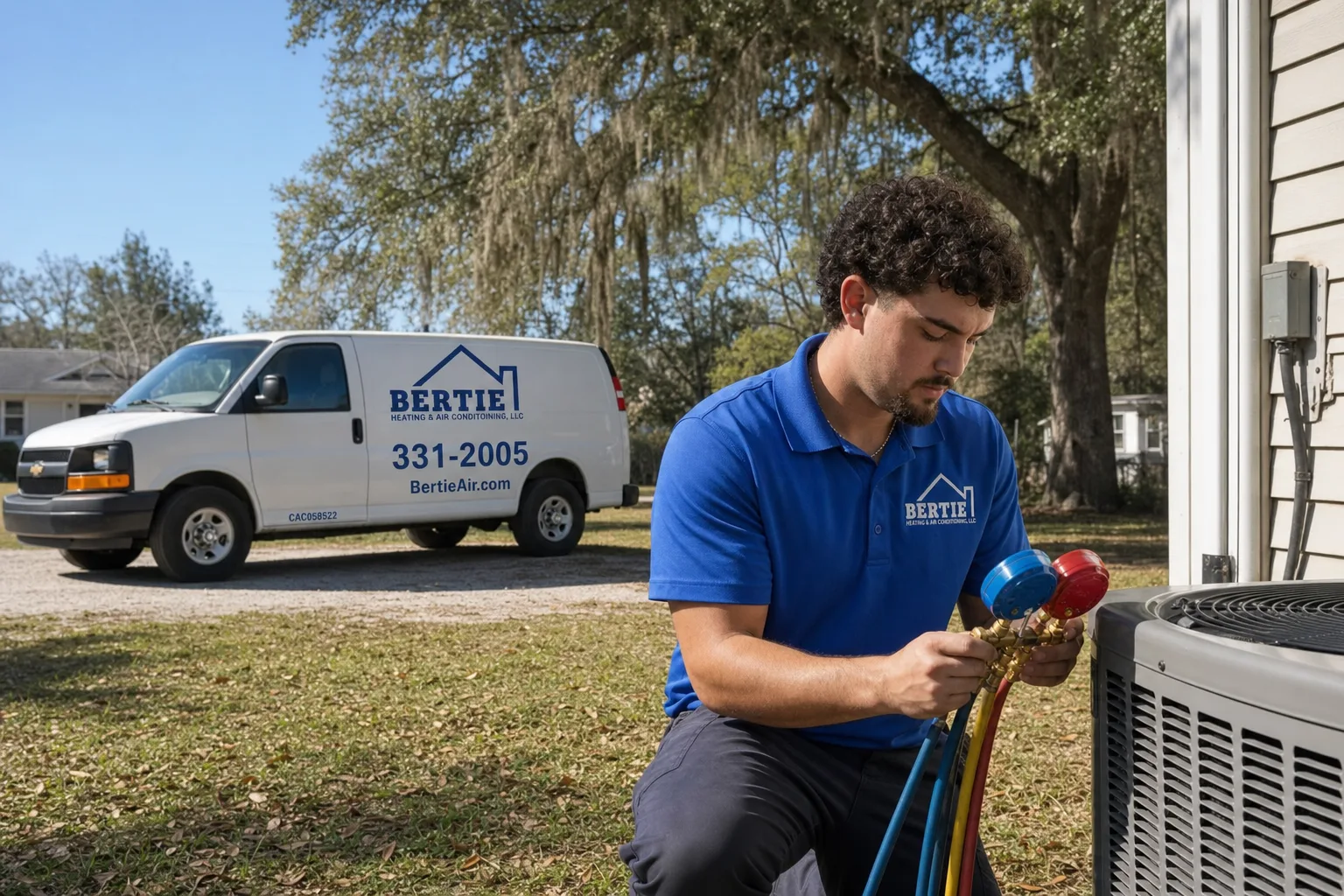 Bertie Air technician servicing a residential AC unit beside a Gainesville home